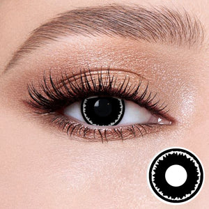 The effect of wearing Bat Contact Lenses, with a close-up of the product in the lower right corner