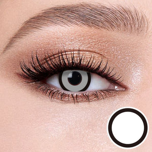 The effect of wearing Bat I Contact Lenses, with a close-up of the product in the lower right corner