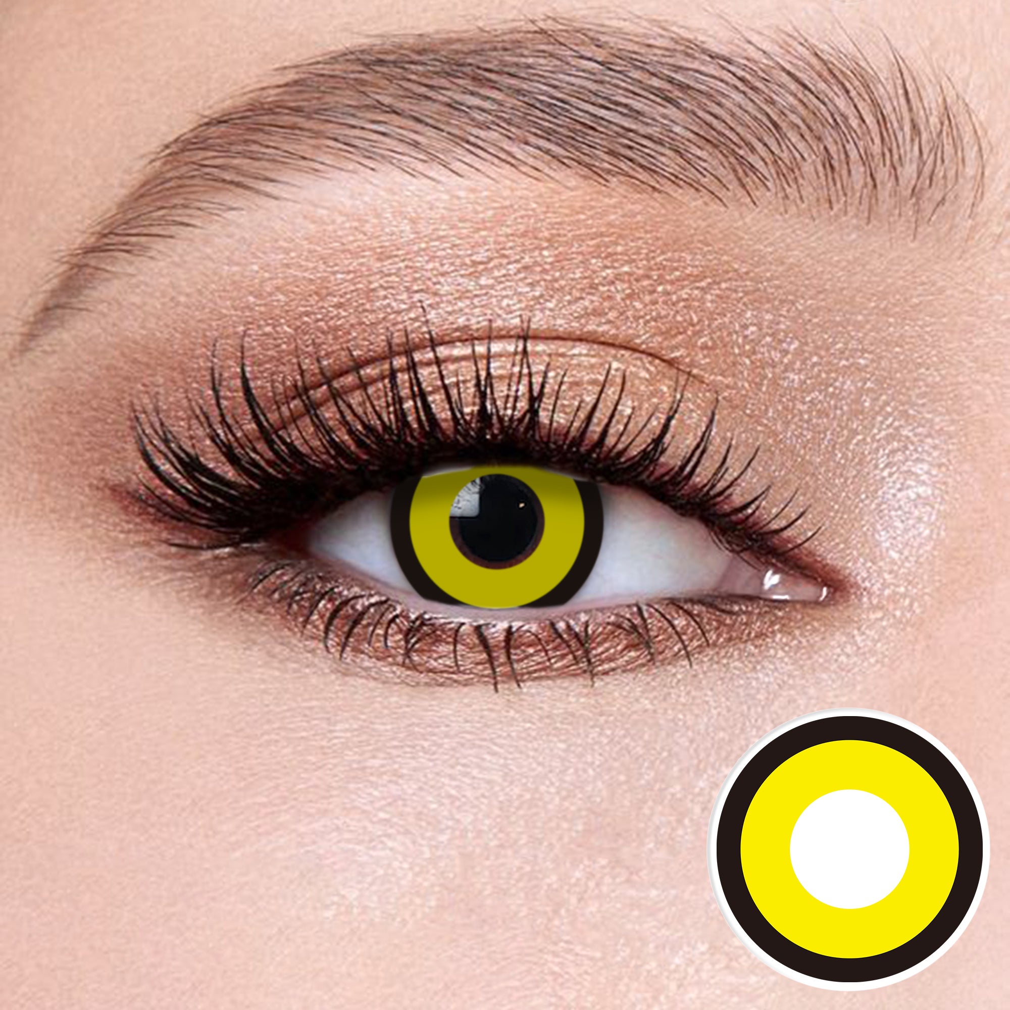 The effect of wearing Bat II Contact Lenses, with a close-up of the product in the lower right corner