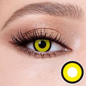 The effect of wearing Bat II Contact Lenses, with a close-up of the product in the lower right corner