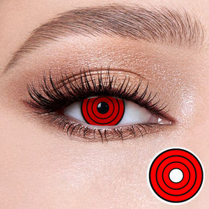 The effect of wearing Bat V Contact Lenses, with a close-up of the product in the lower right corner