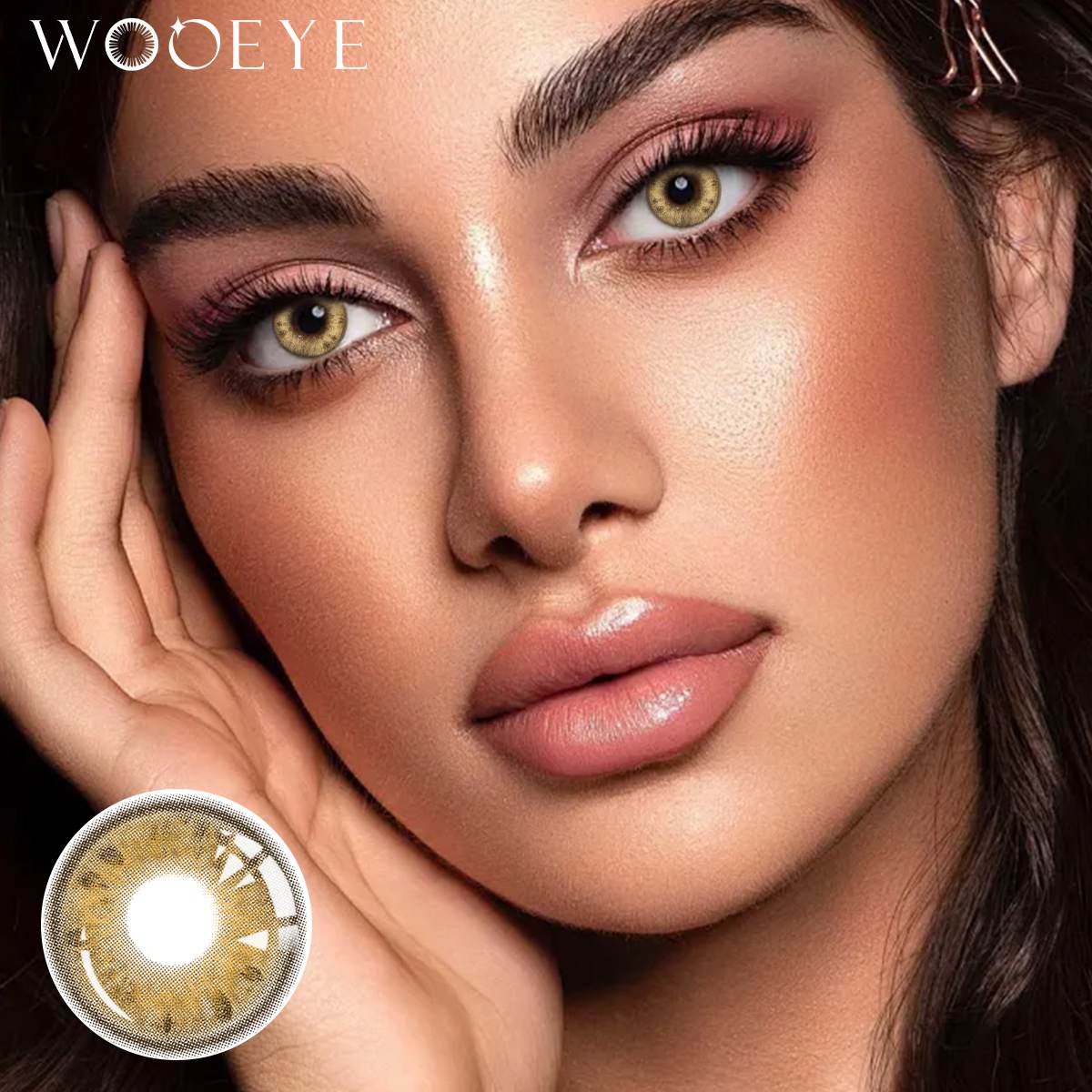 The girl's face is looking straight ahead, the upper left is the Wooeye logo, and the lower left is a close-up of the Beverly Brown contact lens