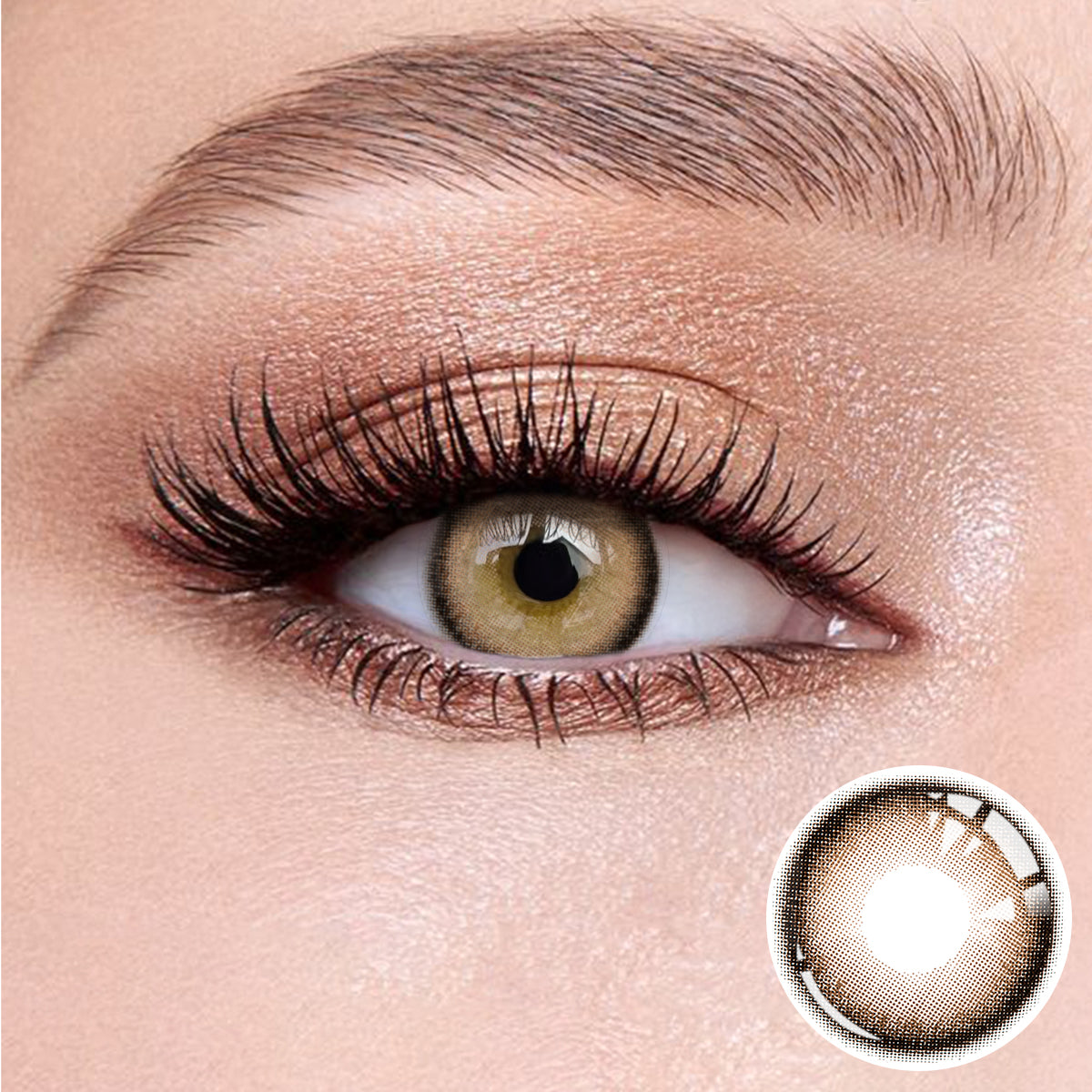 The effect of wearing Black Coffee Brown Contact Lenses, with a close-up of the product in the lower right corner