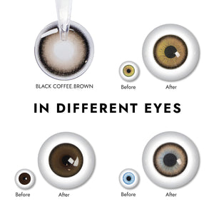 Effect display of wearing Black Coffee Brown Contact Lenses for different eye colors