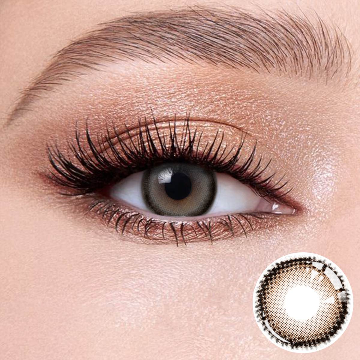 Black Coffee Brown contact lenses on the eyes, close-up of the product on the lower right