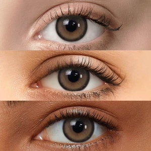 Black Pearl Gray Contact Lenses displayed on models with Fair skin, Medium skin, and Dark skin to show versatility across different complexions.