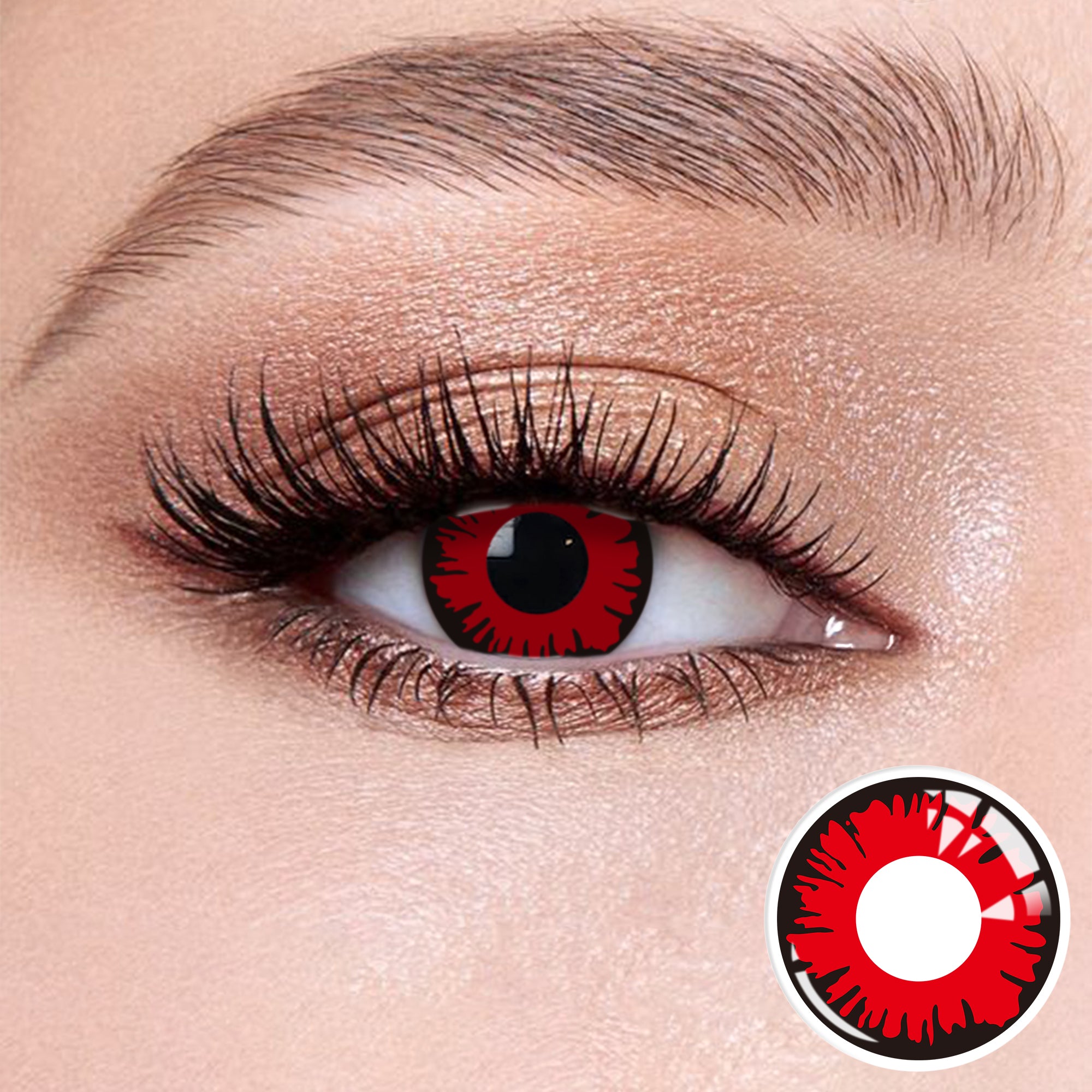 The effect of wearing Bloodsucker I Contact Lenses, with a close-up of the product in the lower right corner