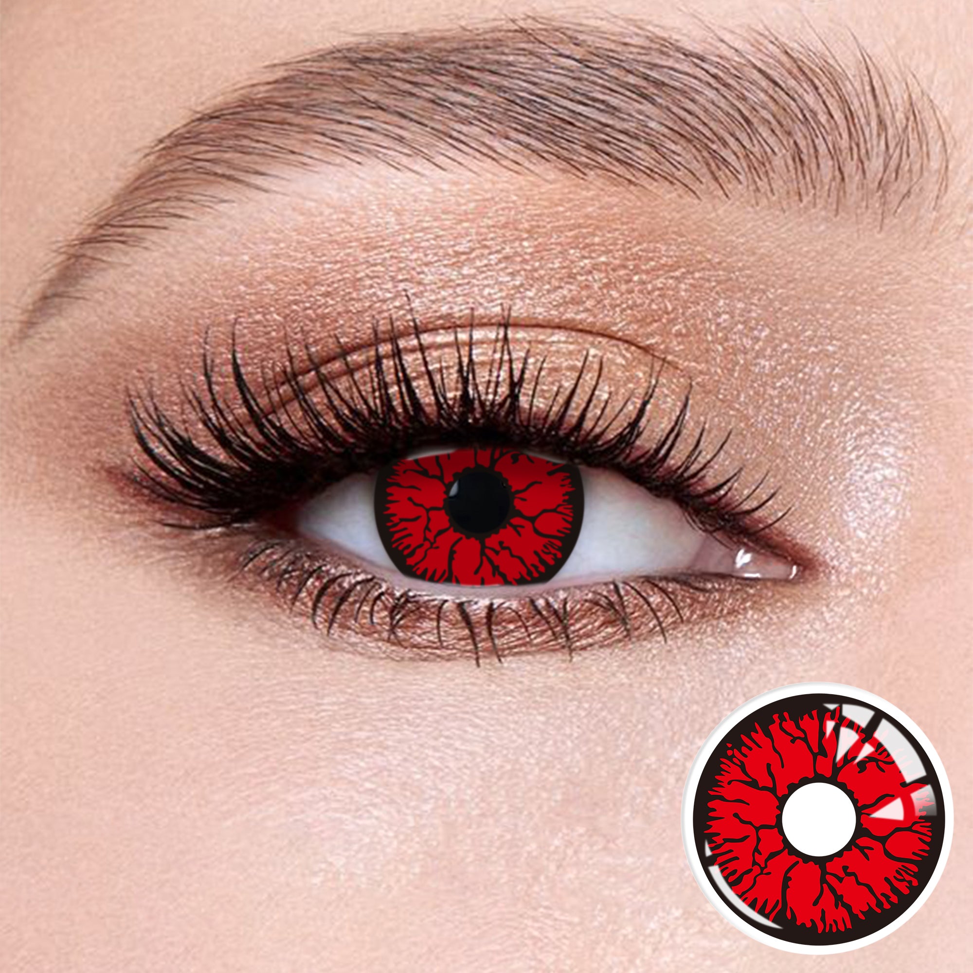 The effect of wearing Bloodsucker II Contact Lenses, with a close-up of the product in the lower right corner