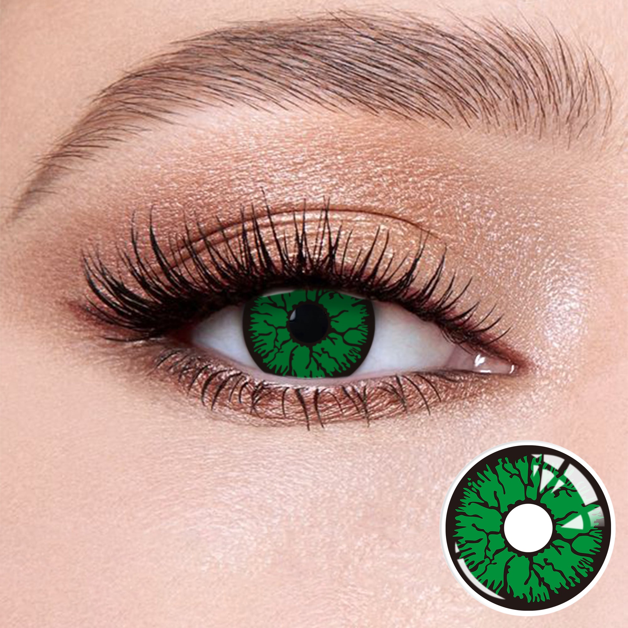 The effect of wearing Bloodsucker III Contact Lenses, with a close-up of the product in the lower right corner