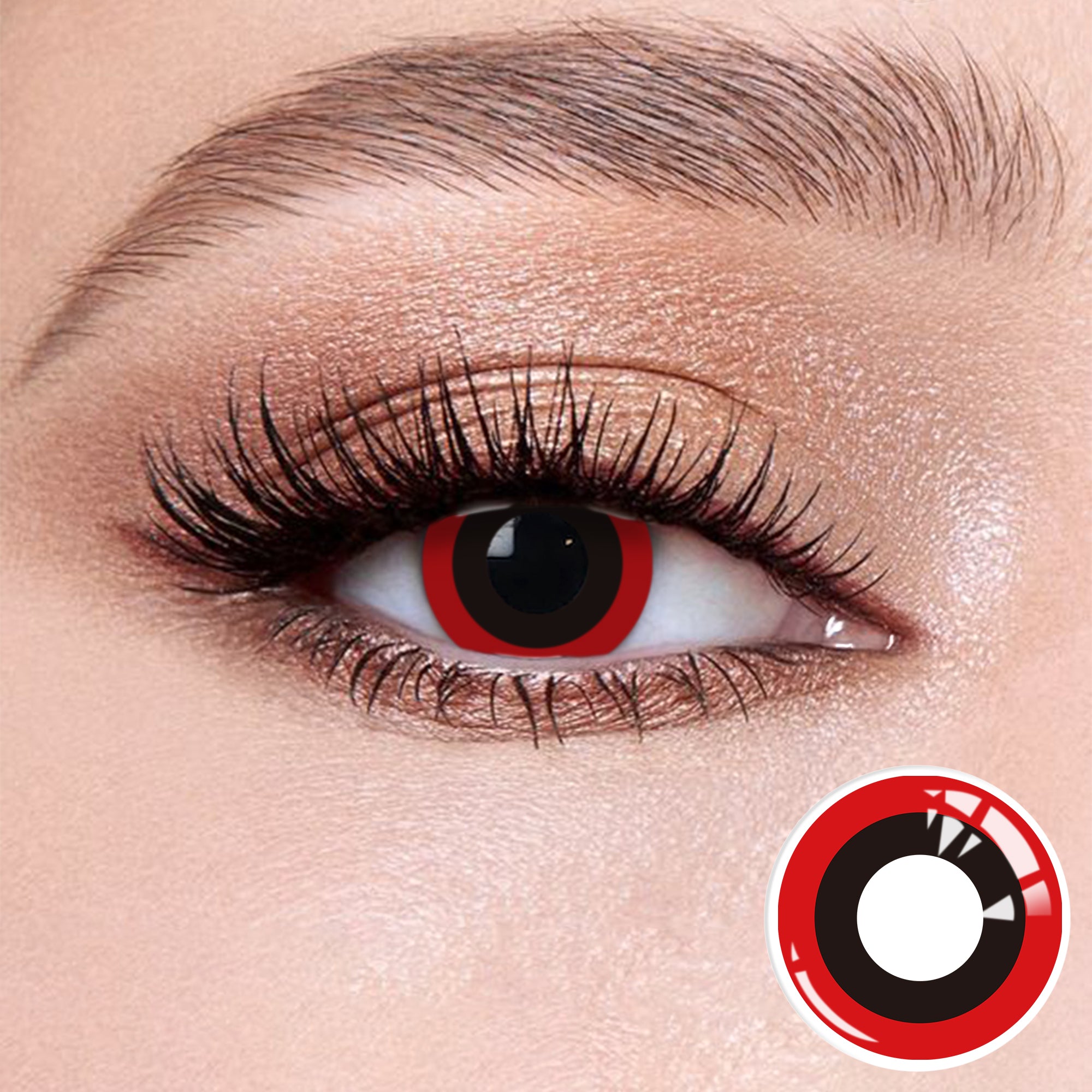 The effect of wearing Bloodsucker Ⅳ Contact Lenses, with a close-up of the product in the lower right corner