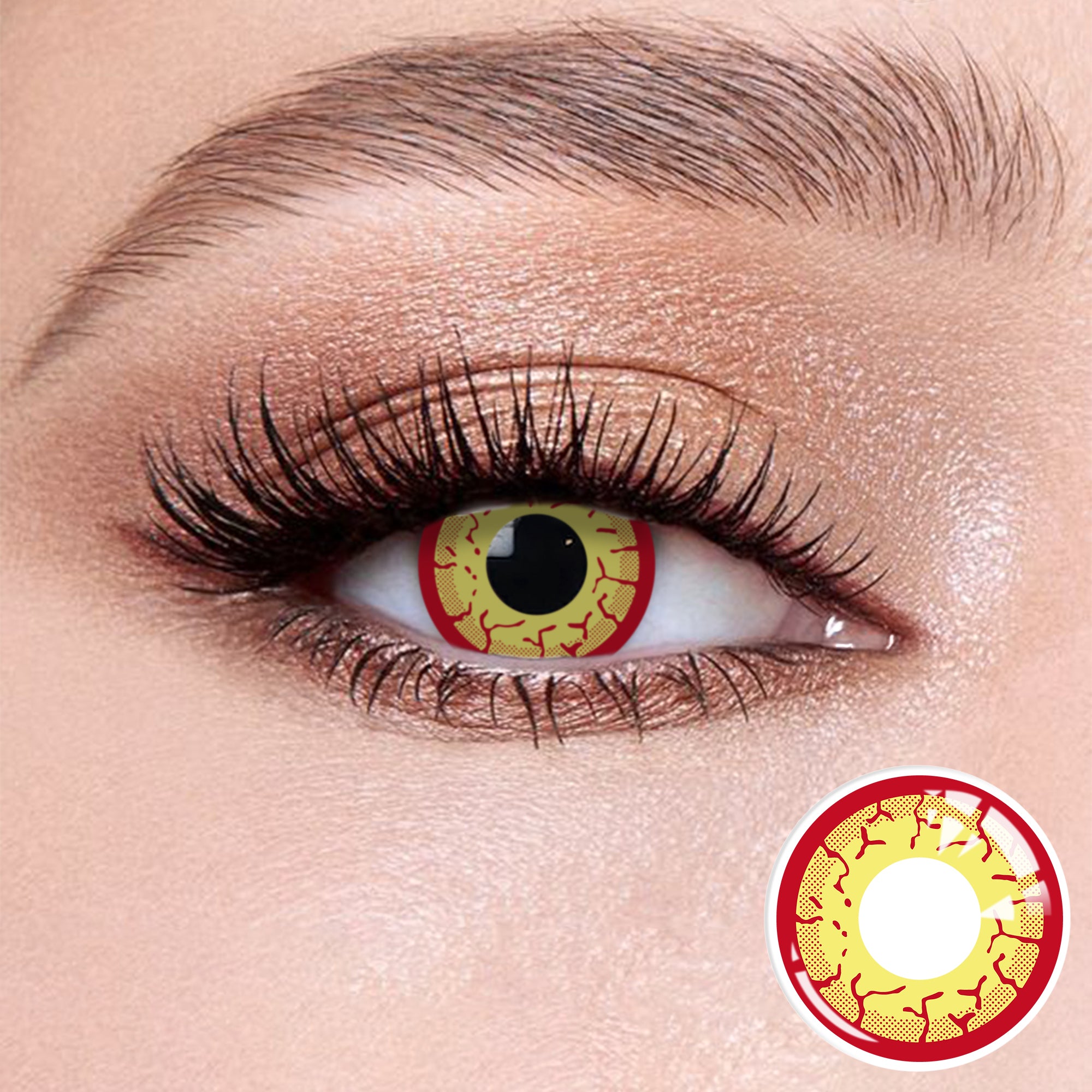 The effect of wearing Bloodsucker Contact Lenses, with a close-up of the product in the lower right corner