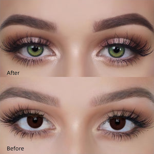Before and after wearing Bubbles Green Contact Lenses