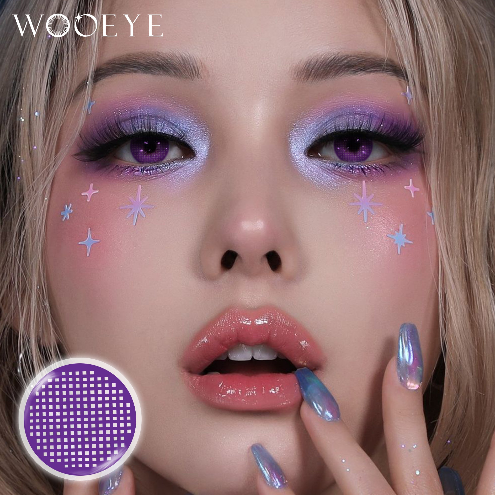 Model wearing Grid Purple Contact Lenses
