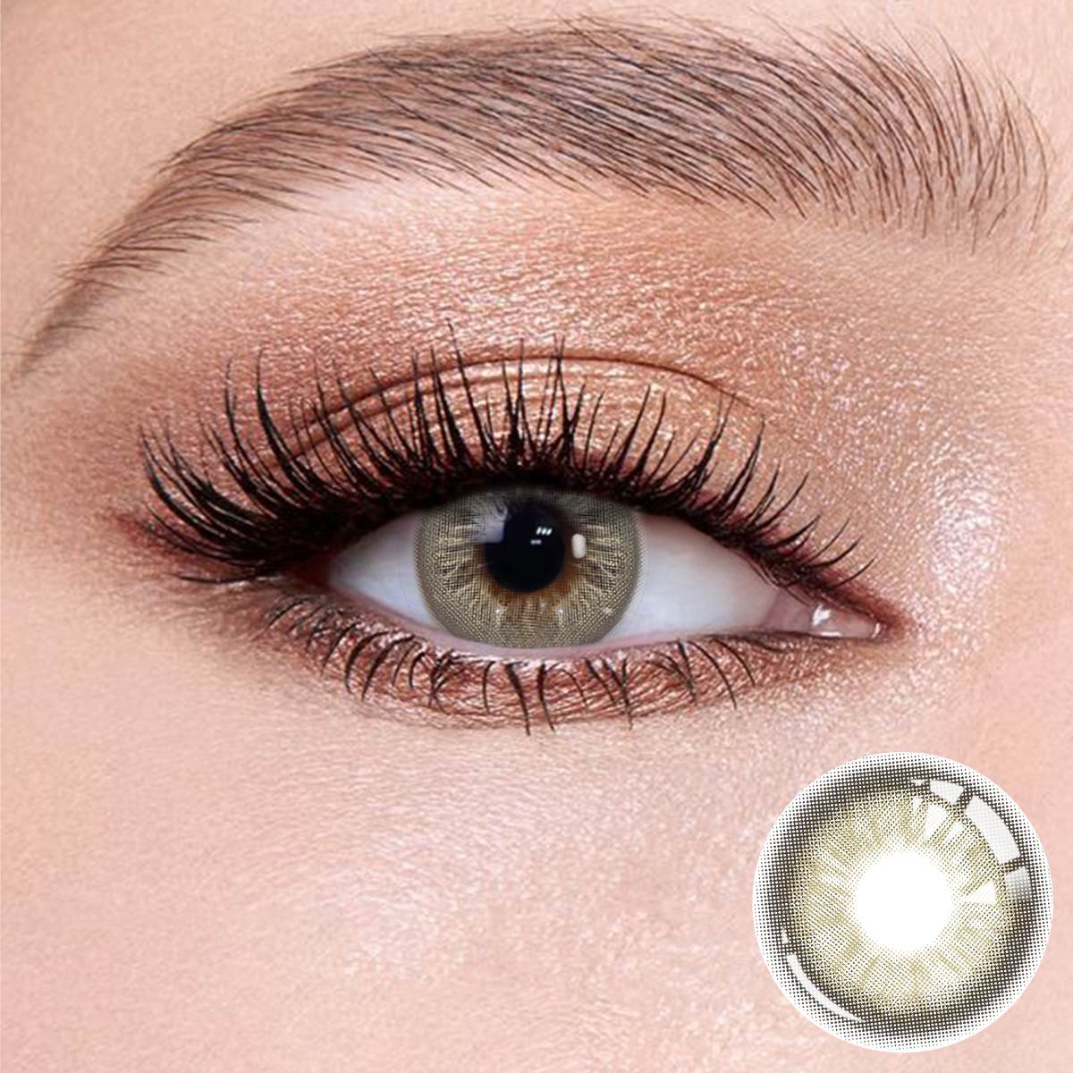 Cape Cod Grey contact lenses on the eyes, close-up of the product on the lower right