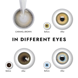 Effect display of wearing Caramel Brown Contact Lenses for different eye colors