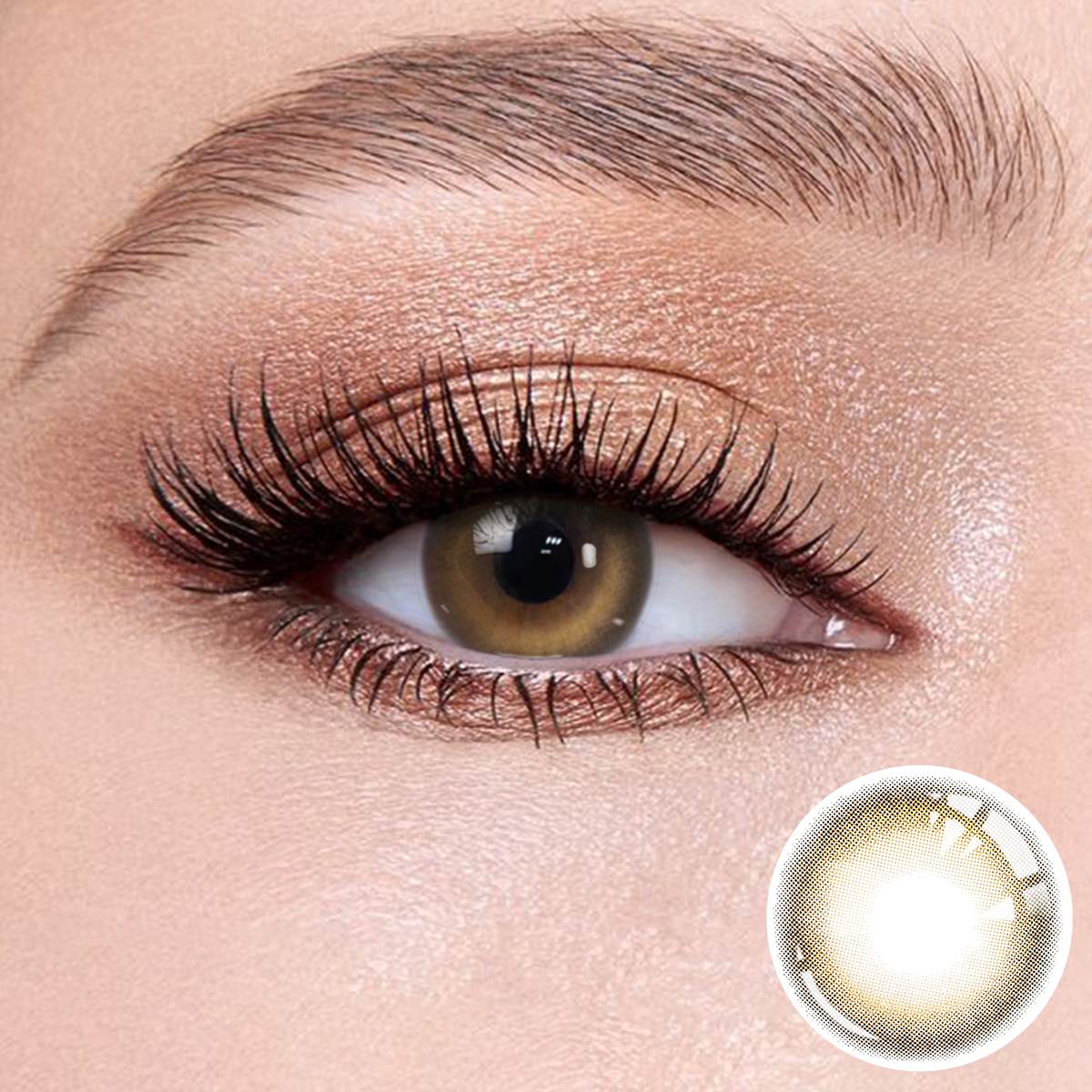 Caramel Brown contact lenses on the eyes, close-up of the product on the lower right