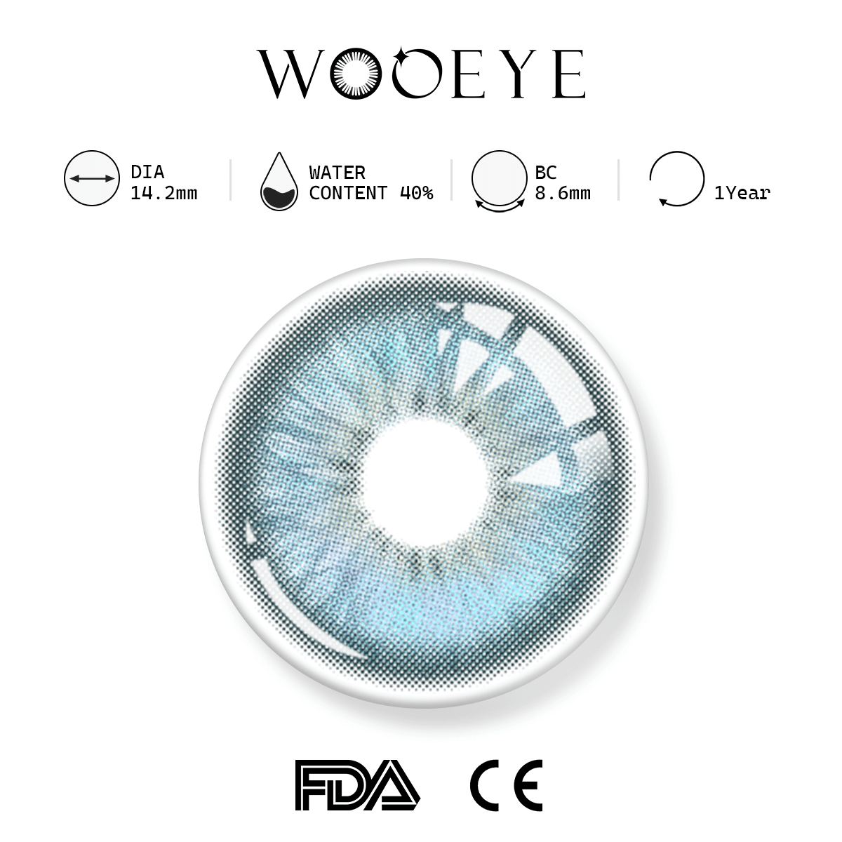 Casa Blue product specifications, Wooeye logo on top, FDA and CE certification marks on bottom