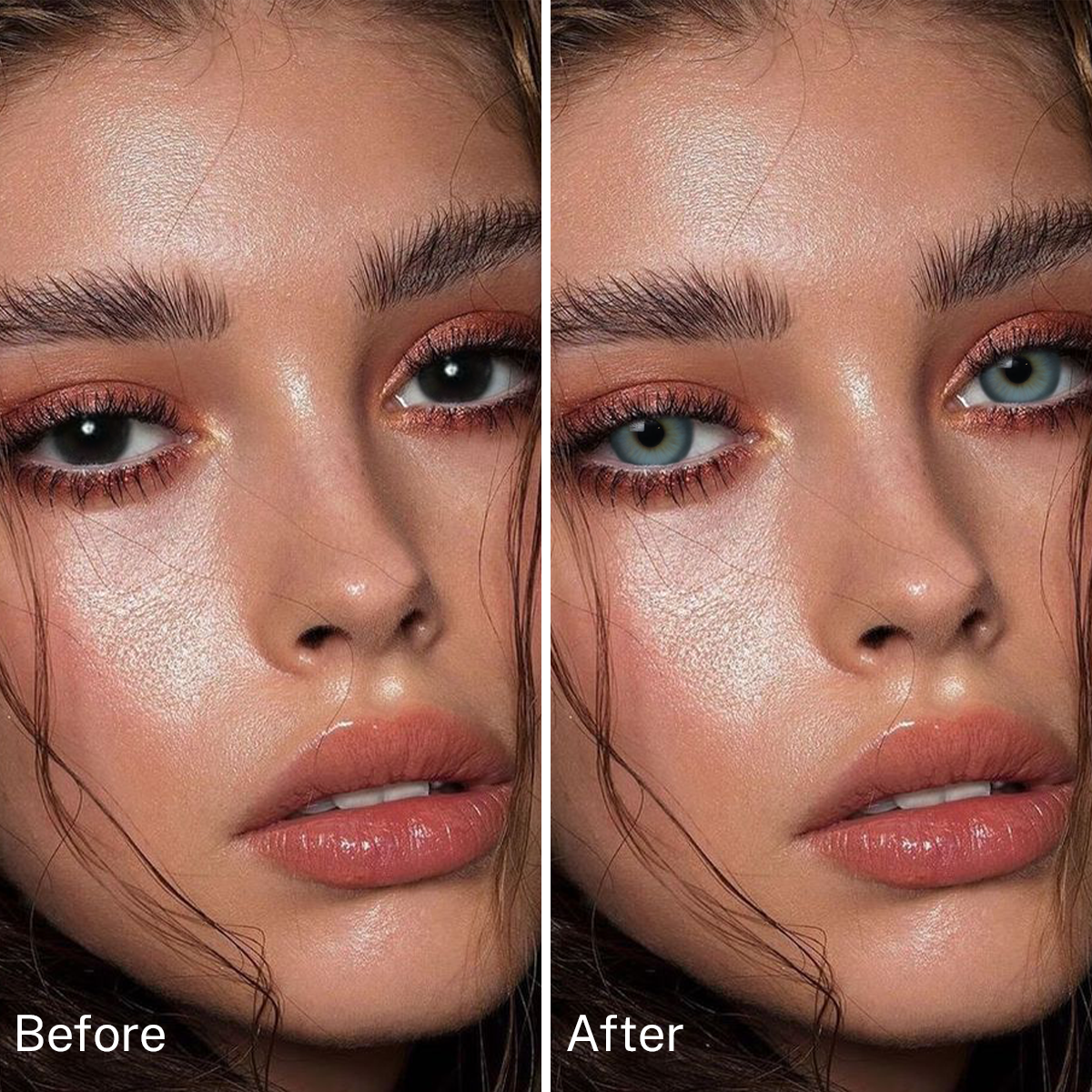 Girl wearing Casa Blue contact lenses before and after effect