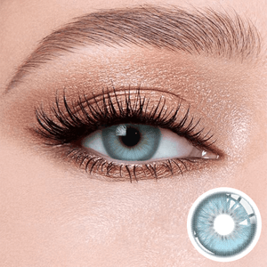 Casa Blue contact lenses on the eyes, close-up of the product on the lower right