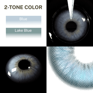 Close-up of the black background and edge details of the CasaBlue contact lens, two colors of the product on the upper left