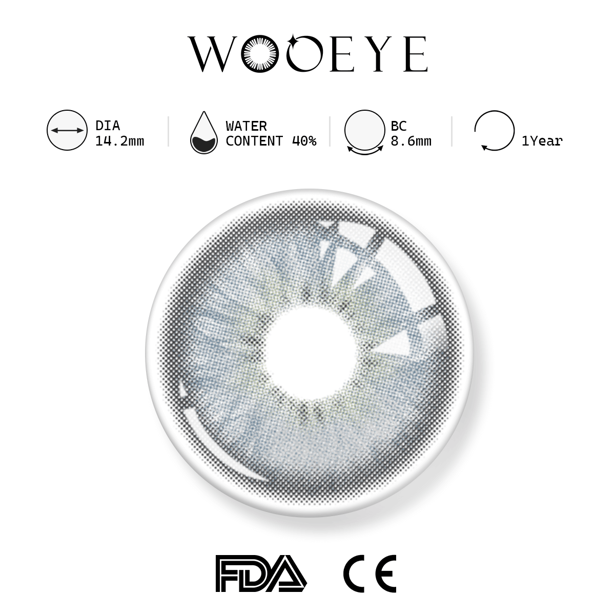 Cleo Gray product specifications, Wooeye logo on top, FDA and CE certification marks on bottom