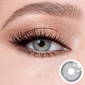 Casa Gray contact lenses on the eyes, close-up of the product on the lower right