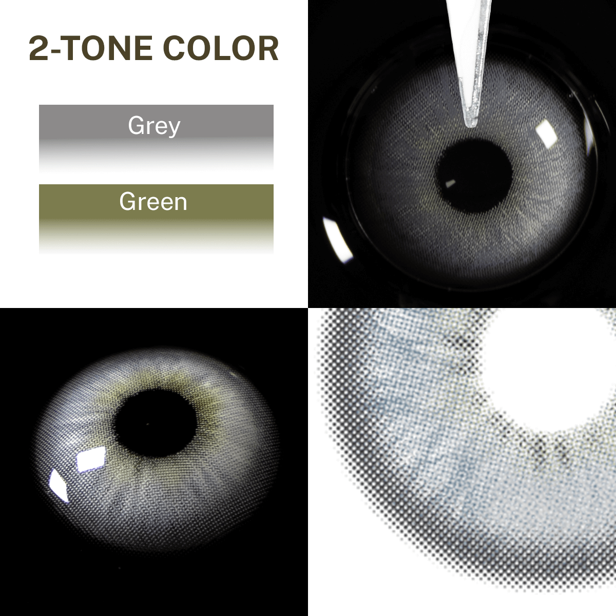 Close-up of the black background and edge details of the Casa Gray contact lens, two colors of the product on the upper left