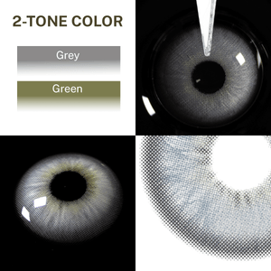 Close-up of the black background and edge details of the Casa Gray contact lens, two colors of the product on the upper left