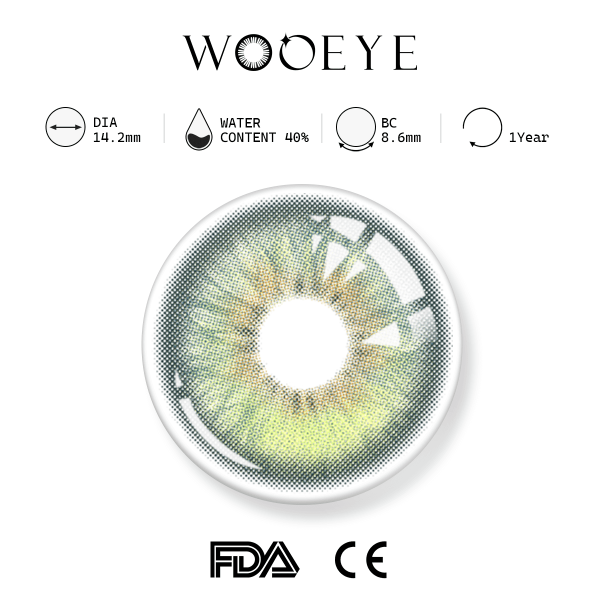 Casa Green product specifications, Wooeye logo on top, FDA and CE certification marks on bottom