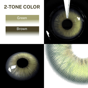 Close-up of the black background and edge details of the Casa Green contact lens, two colors of the product on the upper left