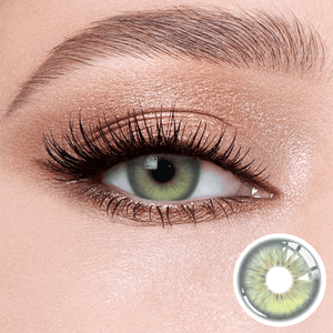 Casa Green contact lenses on the eyes, close-up of the product on the lower right