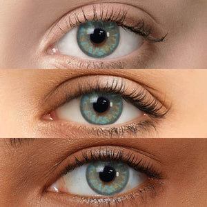 Charming Green Contact Lenses displayed on models with Fair skin, Medium skin, and Dark skin to show versatility across different complexions.