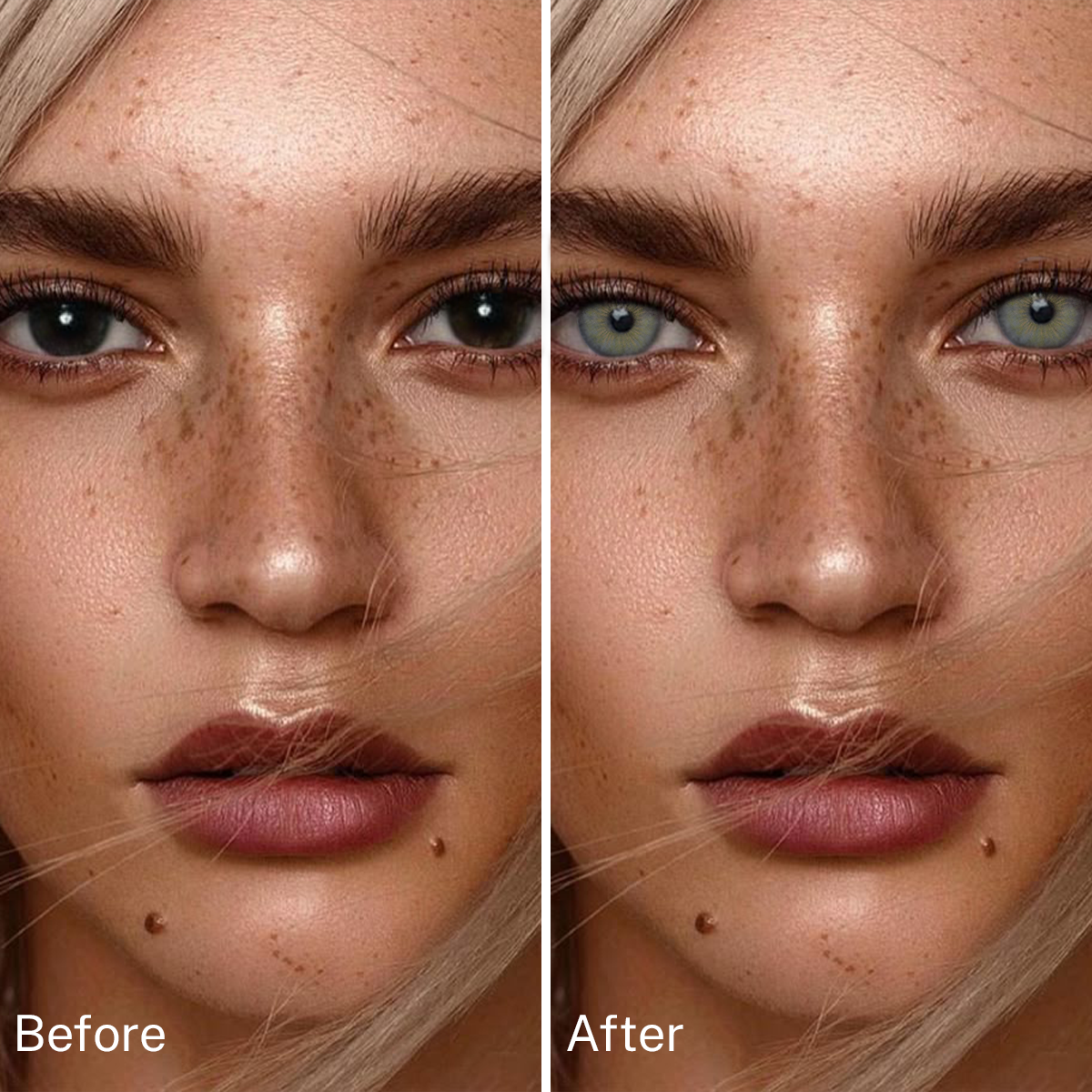 Girl wearing Cleo Gray contact lenses before and after effect