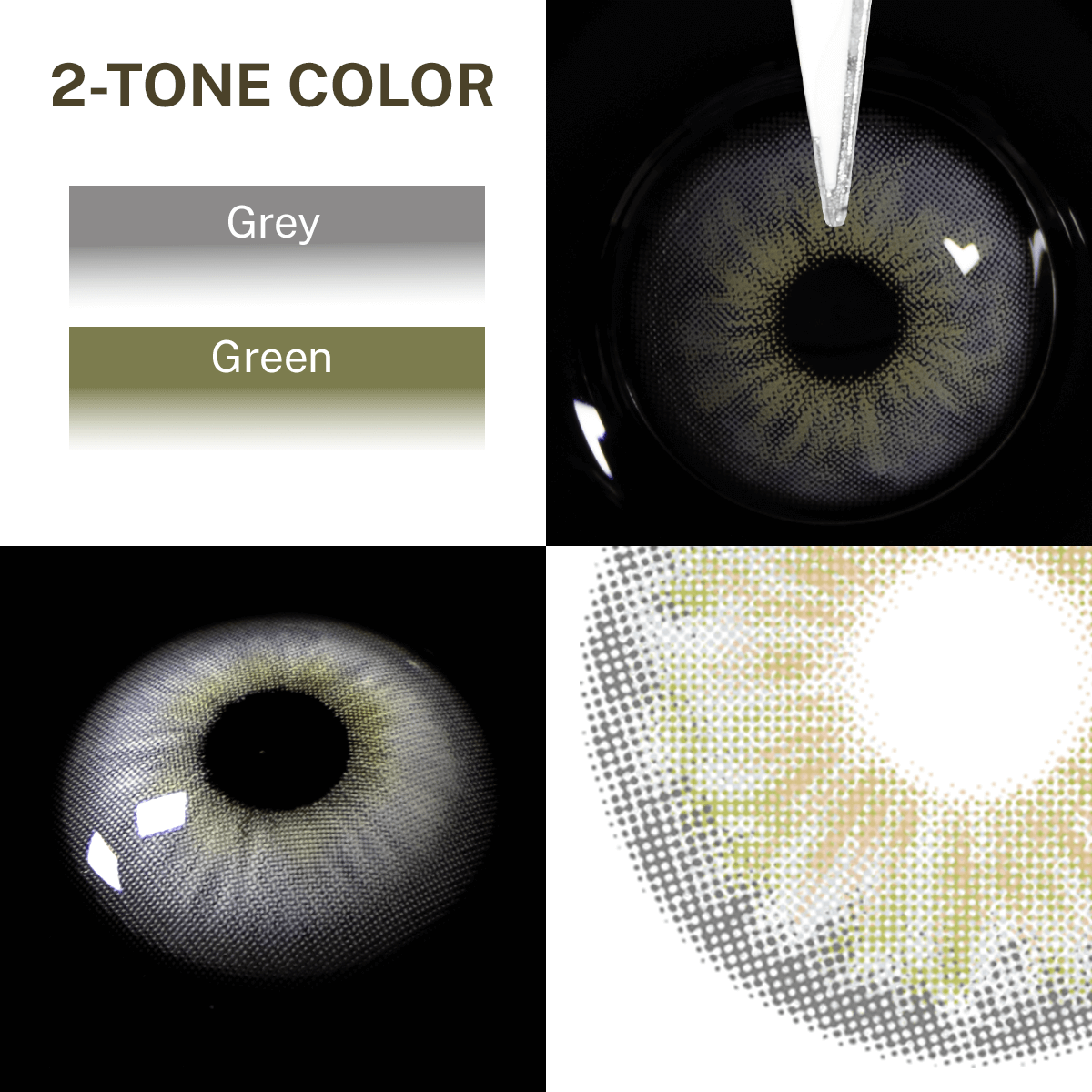 Close-up of the black background and edge details of the Cleo Gray contact lens, two colors of the product on the upper left