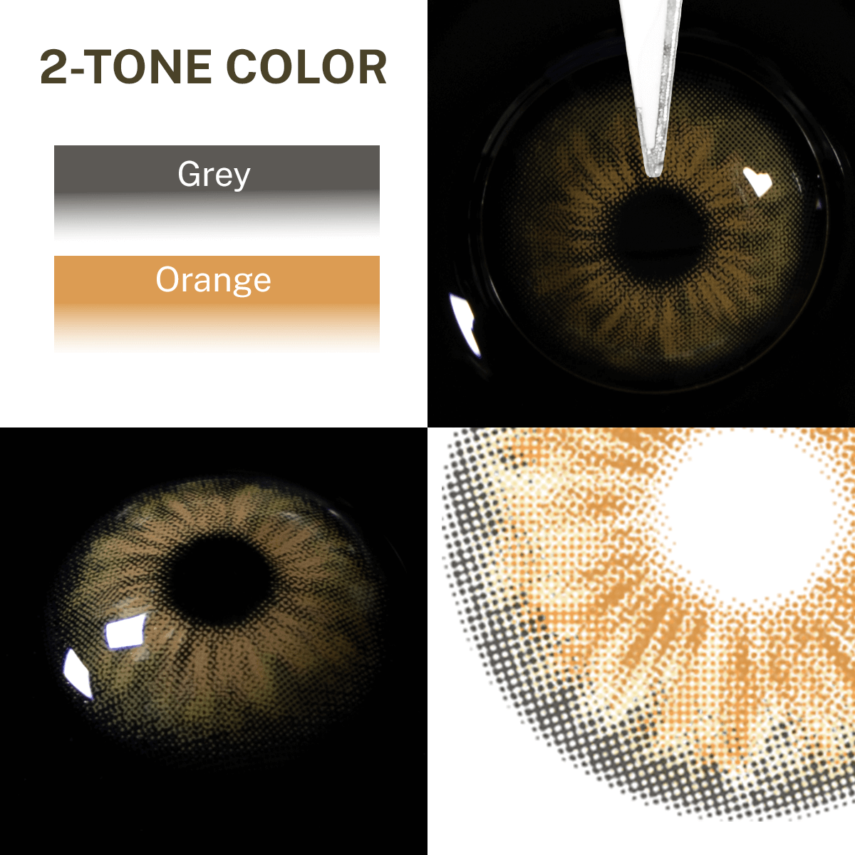 Close-up of the black background and edge details of the Cleo Hazel Brown contact lens, two colors of the product on the upper left