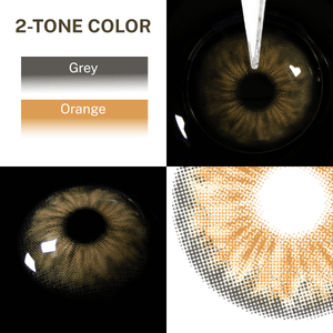 Close-up of the black background and edge details of the Cleo Hazel Brown contact lens, two colors of the product on the upper left