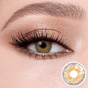 Cleo Hazel Brown contact lenses on the eyes, close-up of the product on the lower right