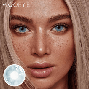 The girl's face is looking straight ahead, the upper left is the Wooeye logo, and the lower left is a close-up of the Clouds Blue contact lens