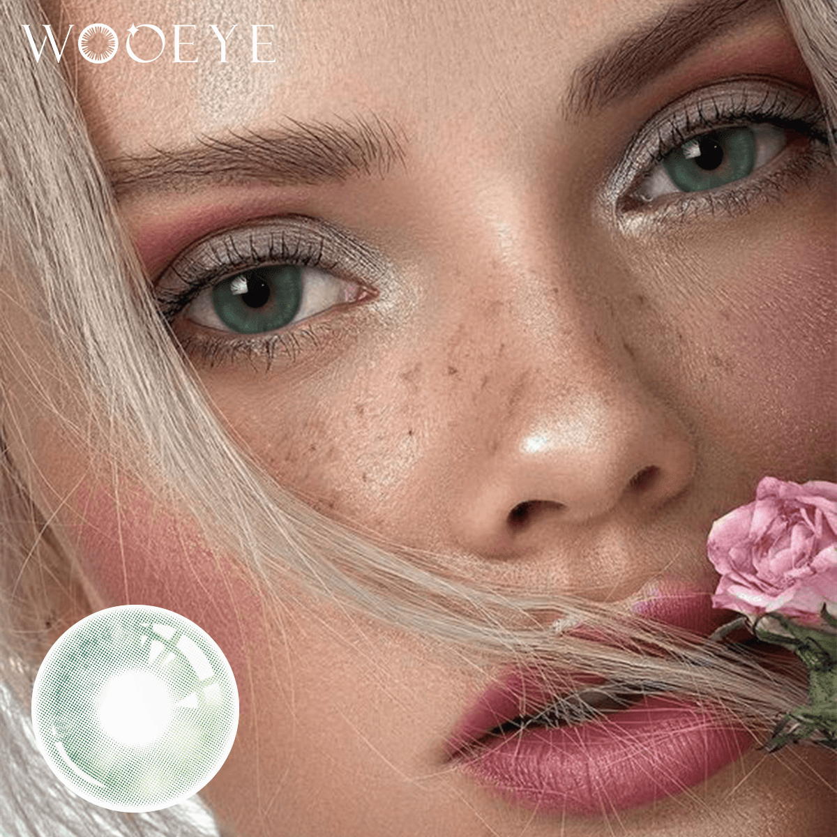 The girl's face is looking straight ahead, the upper left is the Wooeye logo, and the lower left is a close-up of the CloudsGreen contact lens