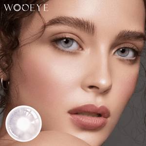 The girl's face is looking straight ahead, the upper left is the Wooeye logo, and the lower left is a close-up of the Clouds Purple contact lens