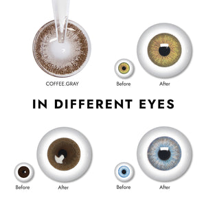 Effect display of wearing Coffee Gray Contact Lenses for different eye colors