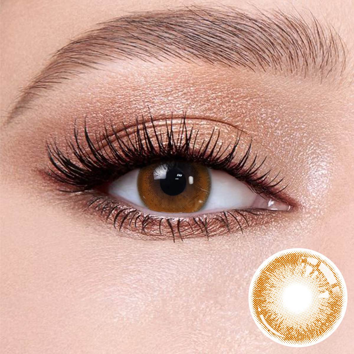 Coffee Brown contact lenses on the eyes, close-up of the product on the lower right