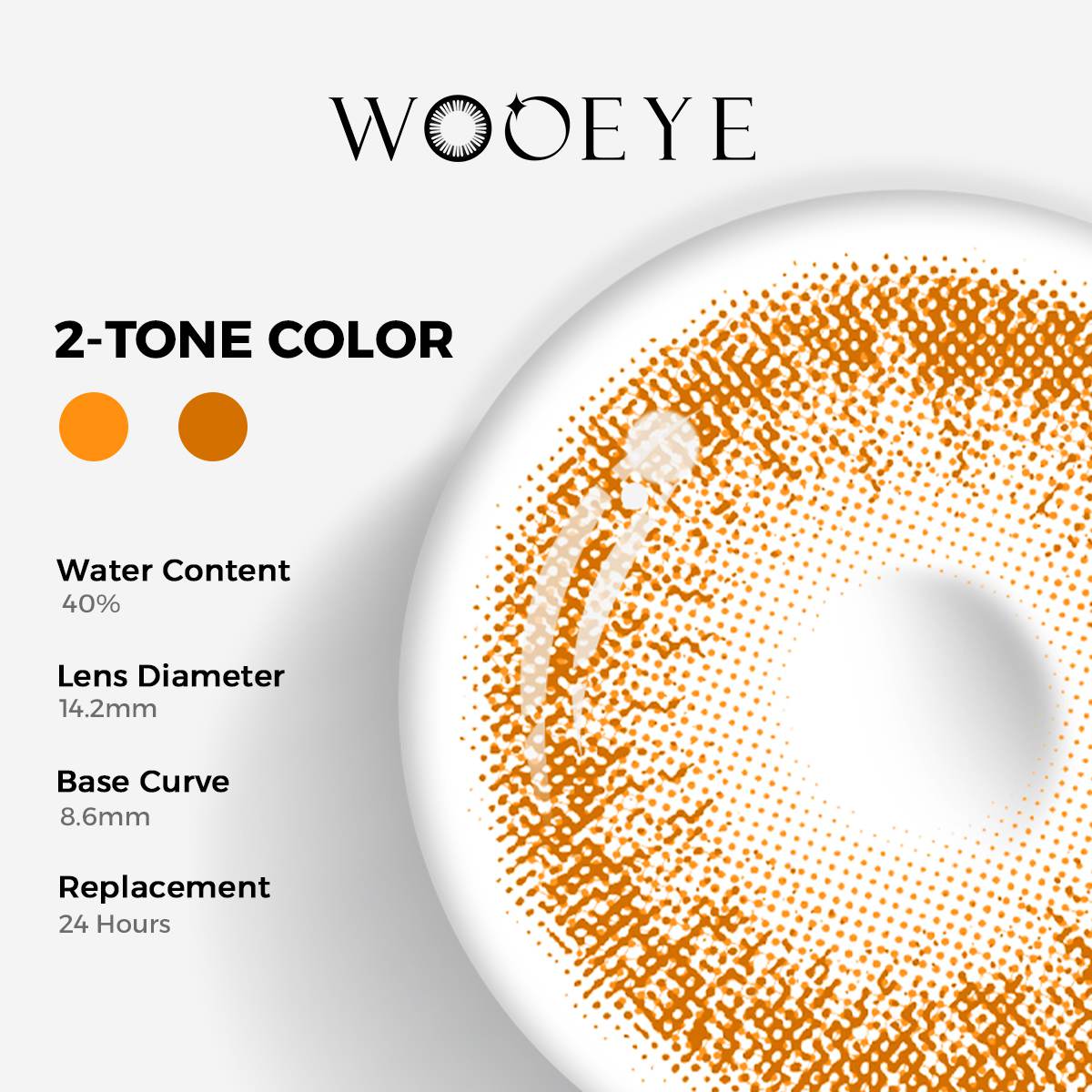 Coffee Brown Color Contacts specifications: 14.2mm diameter, 8.6mm base curve, and 40% water content for daily comfort.