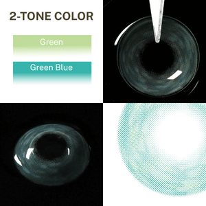 Close-up of the black background and edge details of the Cosmos Green contact lens, two colors of the product on the upper left