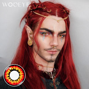 Model wearing Cosplay Devil Red Contact Lenses
