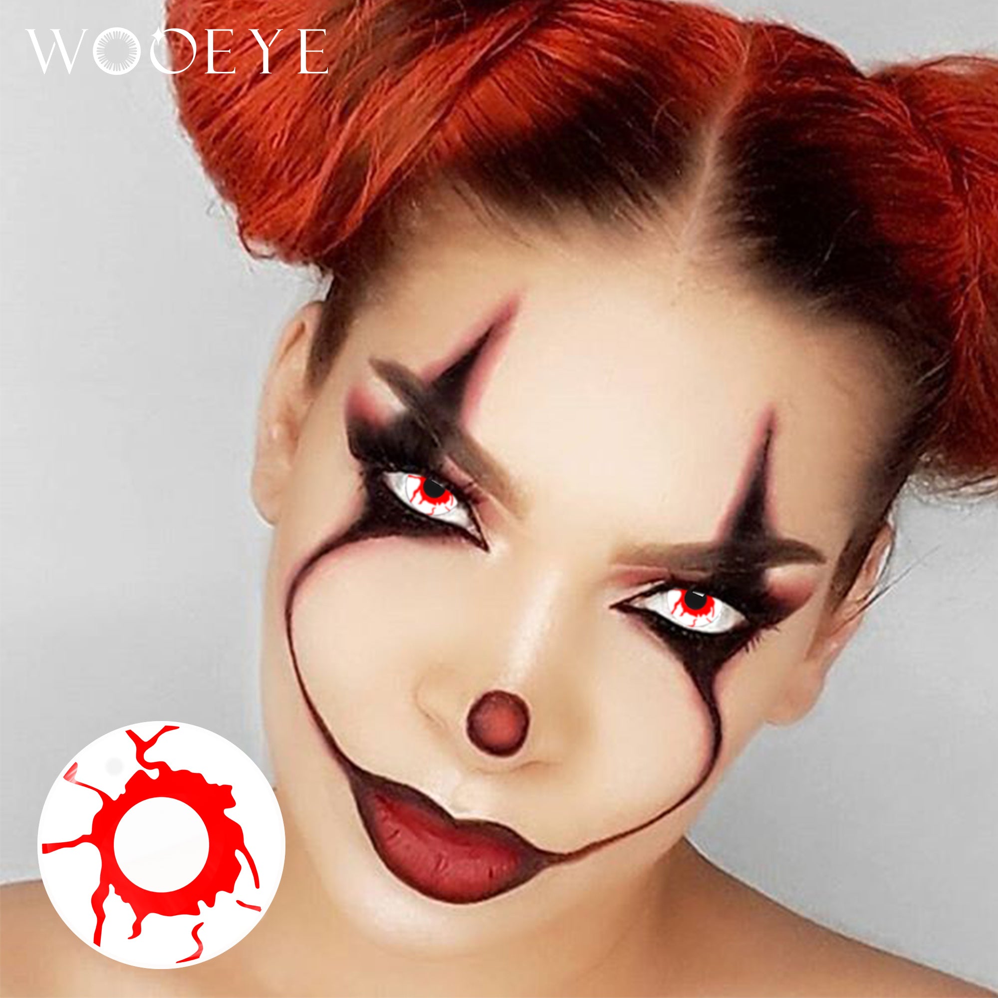 Model wearing Cosplay White Blood Contact Lenses