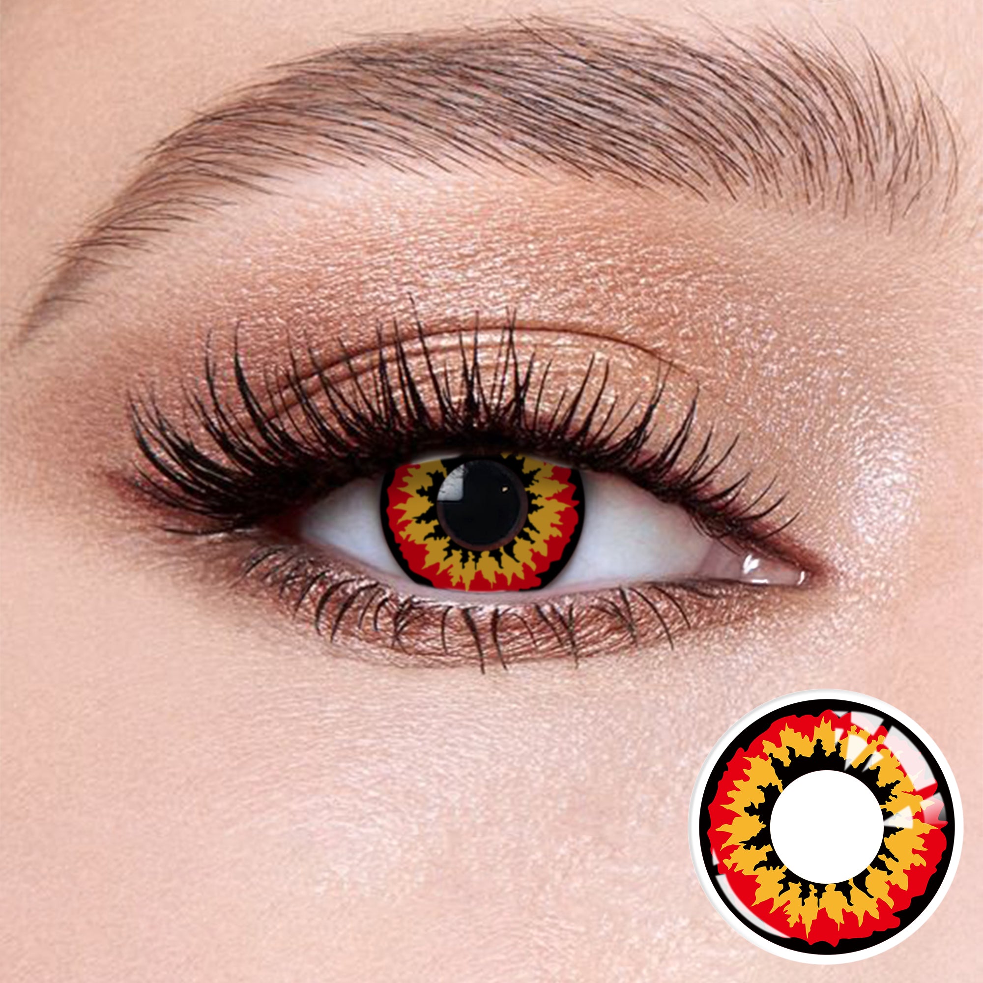 The effect of wearing Cosplay Devil Red Contact Lenses, with a close-up of the product in the lower right corner