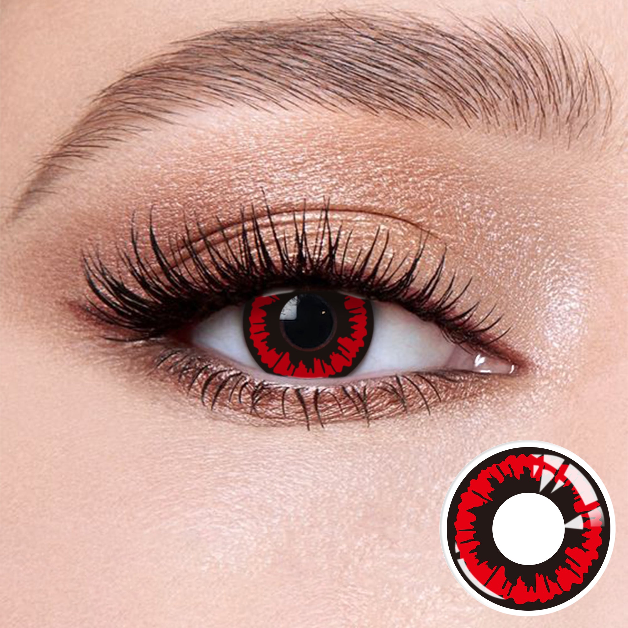 The effect of wearing Cosplay Red Blood Contact Lenses, with a close-up of the product in the lower right corner