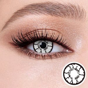 The effect of wearing Cosplay Sadako Contact Lenses , with a close-up of the product in the lower right corner