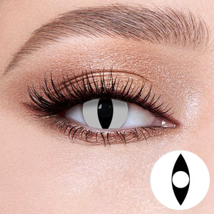 The effect of wearing Cosplay satan Contact Lenses, with a close-up of the product in the lower right corner